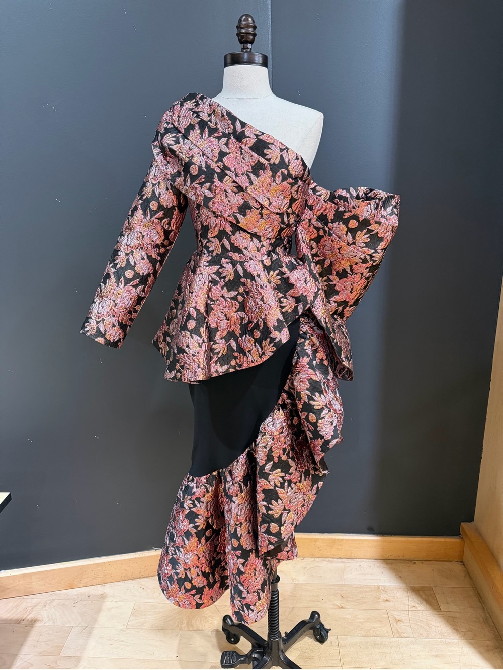 Asymmetric One-Shoulder Floral Peplum Skirt and Top Set in Black and Pink